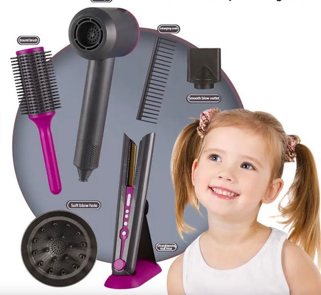 Іграшковий набір 7в1 аналог Dyson з феном ,вирівнювачем,підставкою,гребенем ,розчіскою браш та насадкою дифузор 1-SHVAB-1019 фото